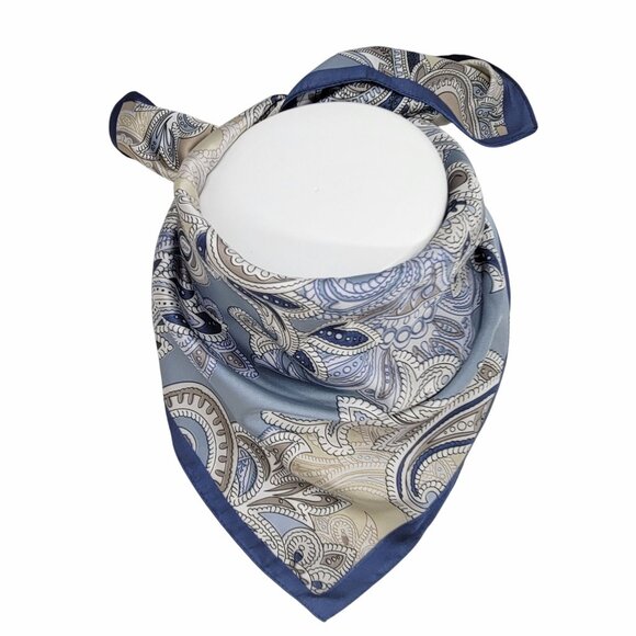 ⭐Elegant Bandana Square Scarf Silky Satin Soft Blue Silver Versatile Paisley - Picture 2 of 8